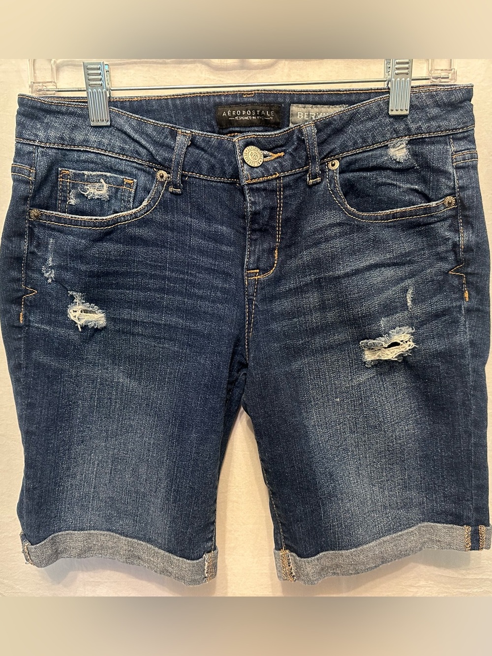 Aeropostale Bermuda Denim Shorts Distressed Cuffed Medium Wash Size 6